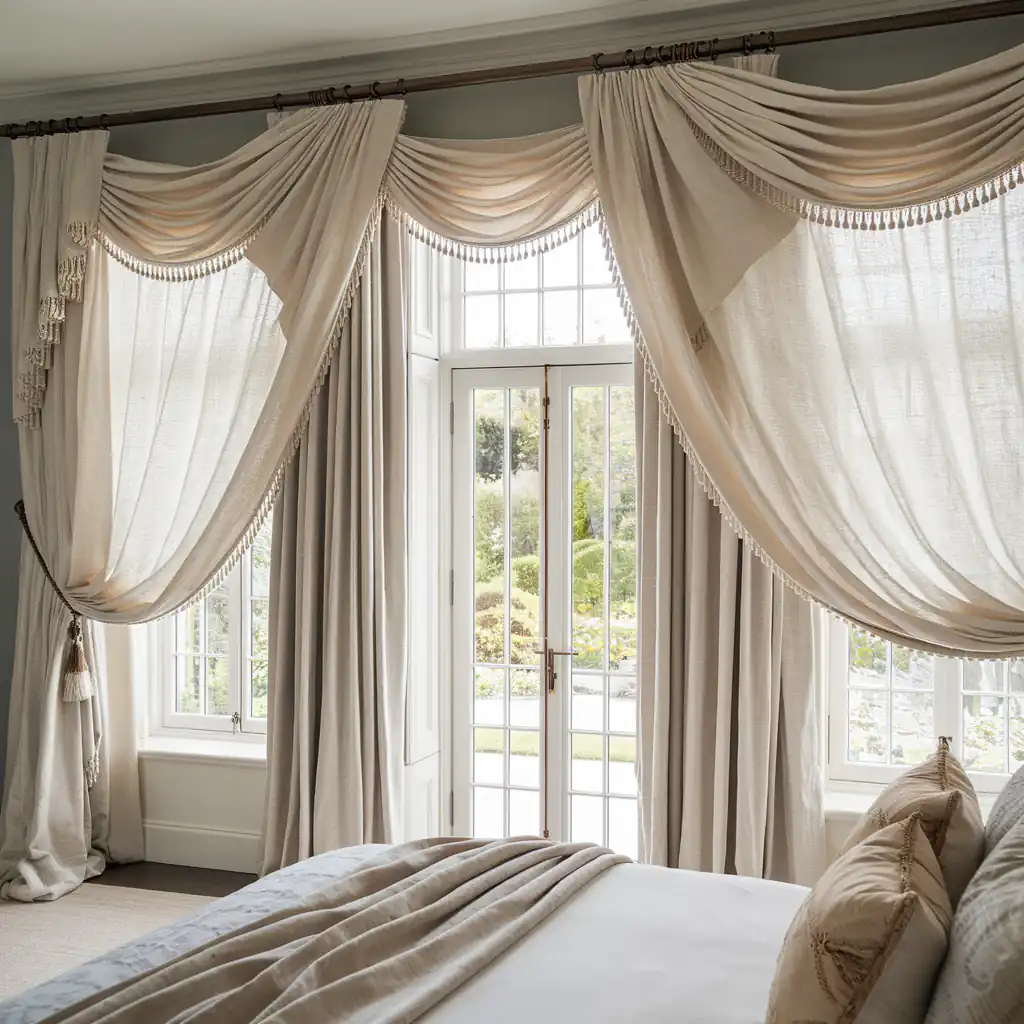 A luxurious bedroom with draped curtains and a French door overlooking a garden. The bed has multiple pillows, perfect for a home bedroom refresh or weekend ideas.