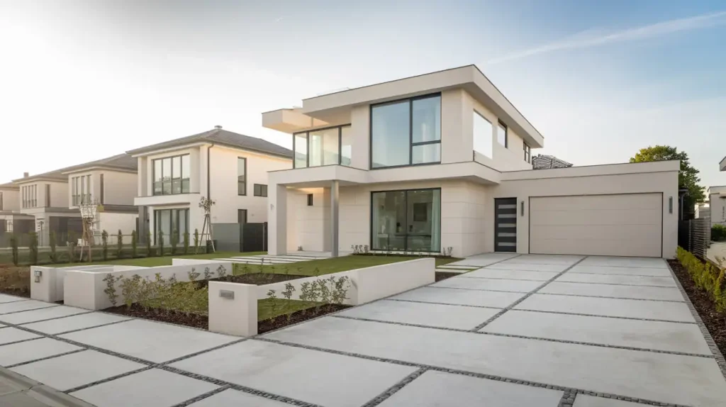 Modern two-story house with large glass windows, adjacent garage, and a spacious driveway in a suburban neighborhood—ideal for those buying a new build home.