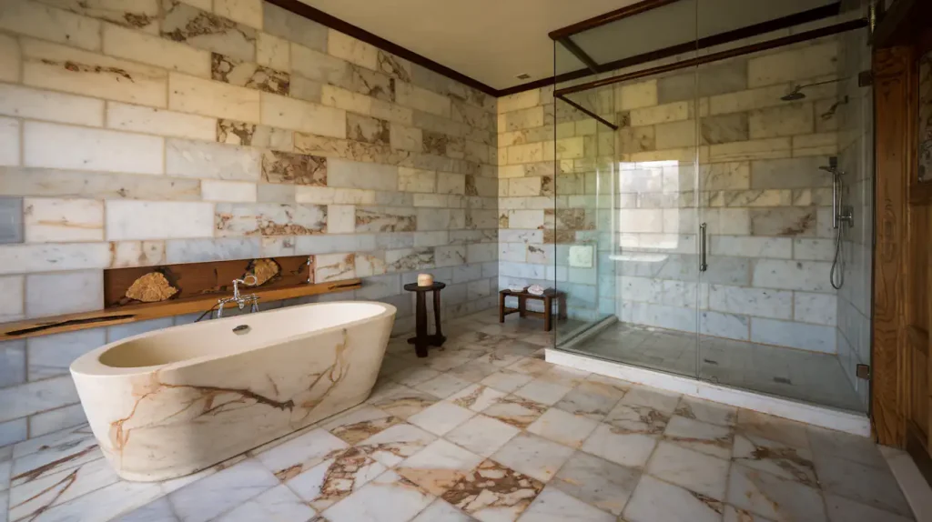 A spacious bathroom with a freestanding bathtub and a glass-enclosed shower, both set against luxurious marble walls and elegant bathroom flooring.