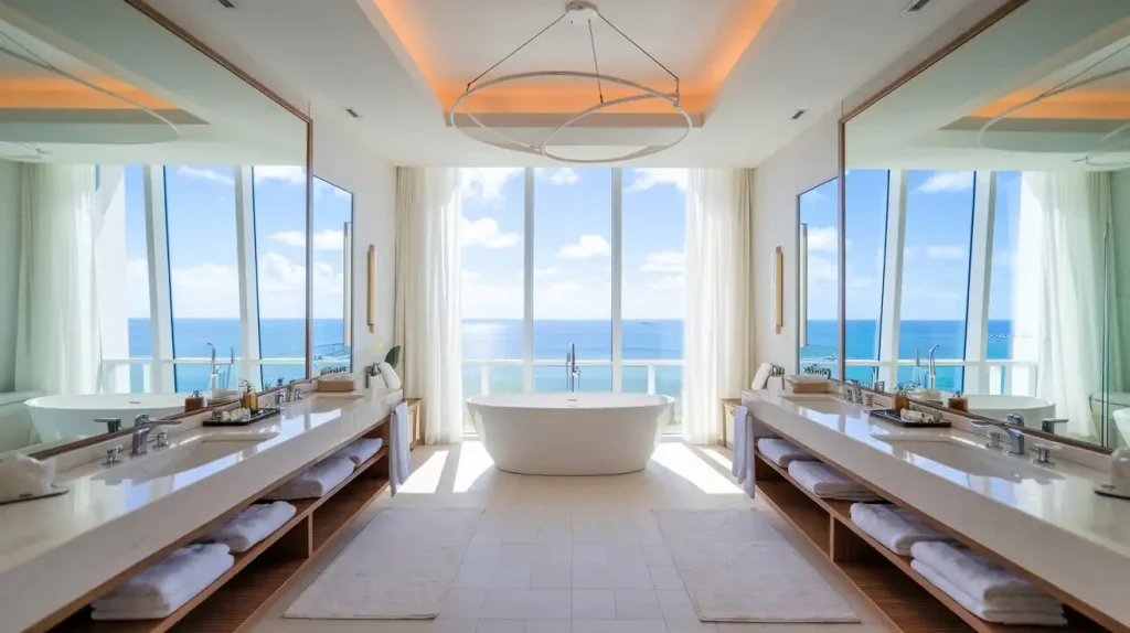 Luxurious bathroom with a freestanding tub, double vanities, large mirrors, and ocean views through floor-to-ceiling windows. The perfect bathroom mirror complements this serene space.