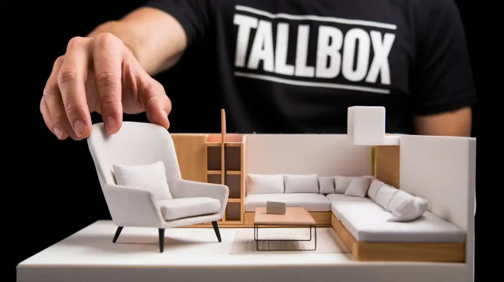 A person wearing a "TALLBOX" shirt arranges mini furniture in a small, modern living room model, transforming it into a sleek design masterpiece.