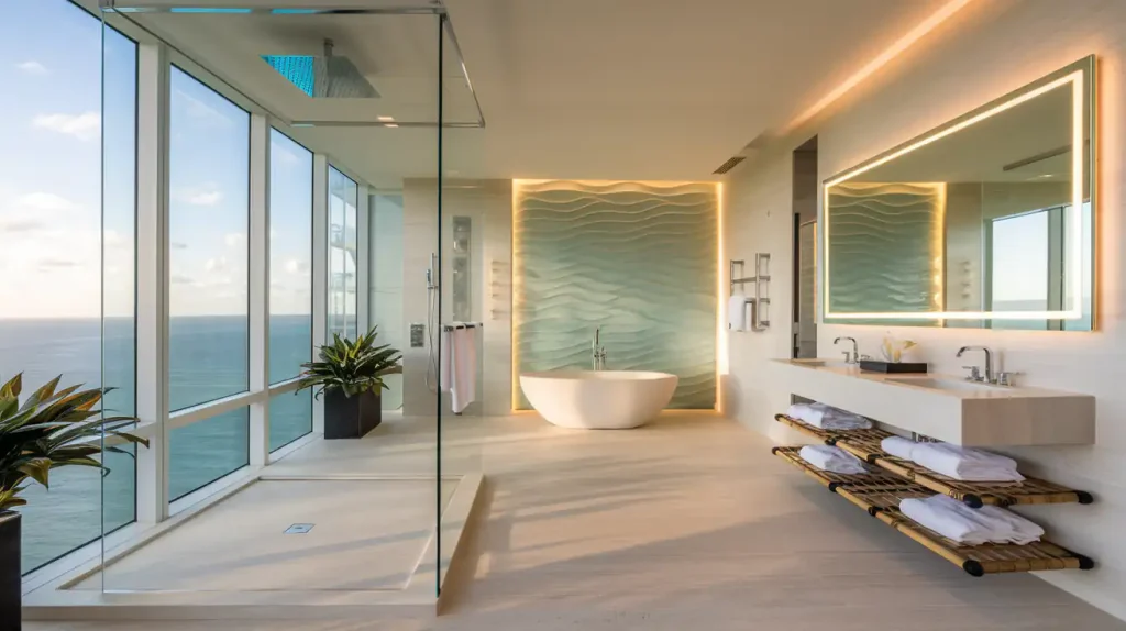 Select this luxurious bathroom with ocean views, featuring a glass shower, freestanding tub, floating vanity, and perfect mirror complemented by modern decor and soft lighting.