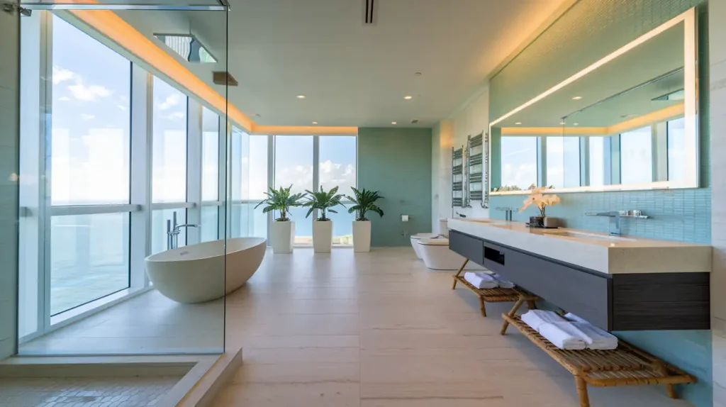 Luxurious bathroom with a freestanding tub, large window revealing an ocean view, double vanity, glass shower, and the perfect mirror to complement the space.
