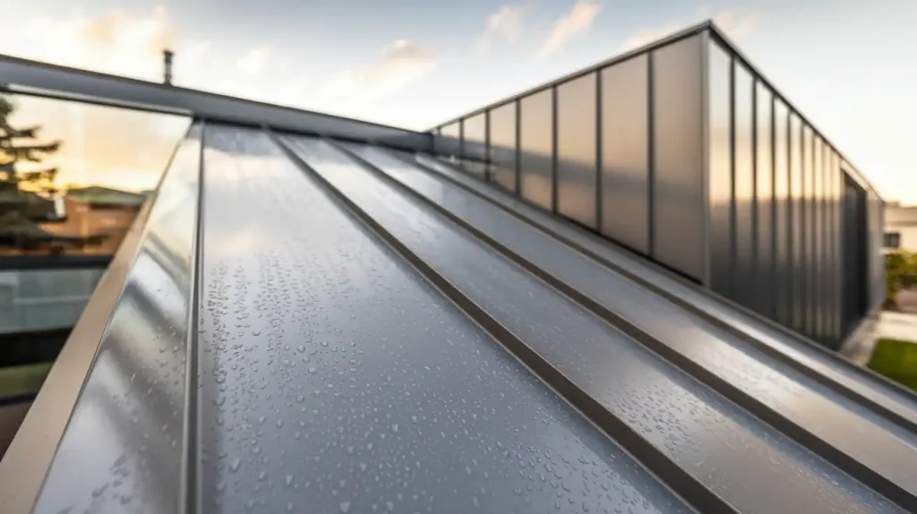 Close-up view of a modern building's metal roof with water droplets on its surface at sunset, showcasing the sleek siding of this new construction project.