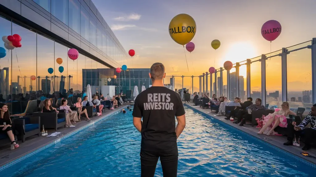 Person in a "REITS INVESTOR" shirt stands by a rooftop pool at sunset, with balloons and people socializing around, celebrating the joys of owning property and the benefits of investing in REITs.