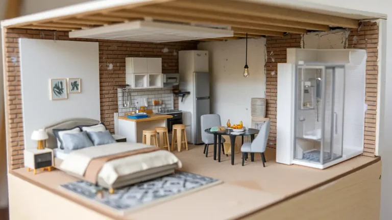 A miniature model of a modern studio apartment featuring a bedroom, kitchen, dining area, and a bathroom with a shower, showcasing the potential to design an unfinished basement for additional income.