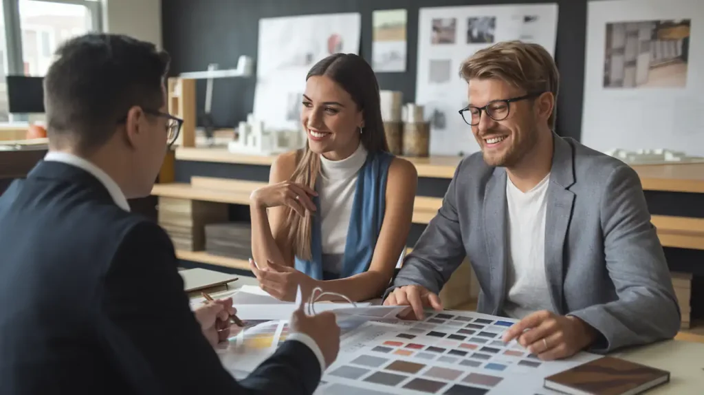 Three people are sitting at a table in an office setting, discussing color swatches and architectural plans for a new build home.