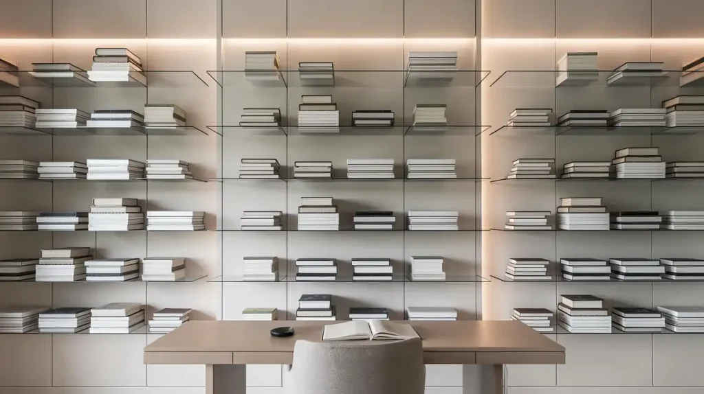 Minimalist home office with glass shelves filled with books, a wooden desk, and a beige chair against a neutral backdrop, showcasing subtle touches of DIY interior house renovations for a unique yet harmonious feel.