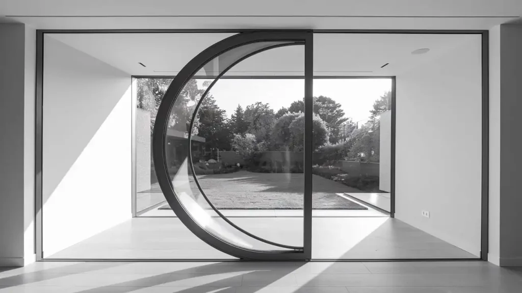 Black and white photo of a room with large glass walls in a new house, featuring a unique circular revolving door with a garden view.