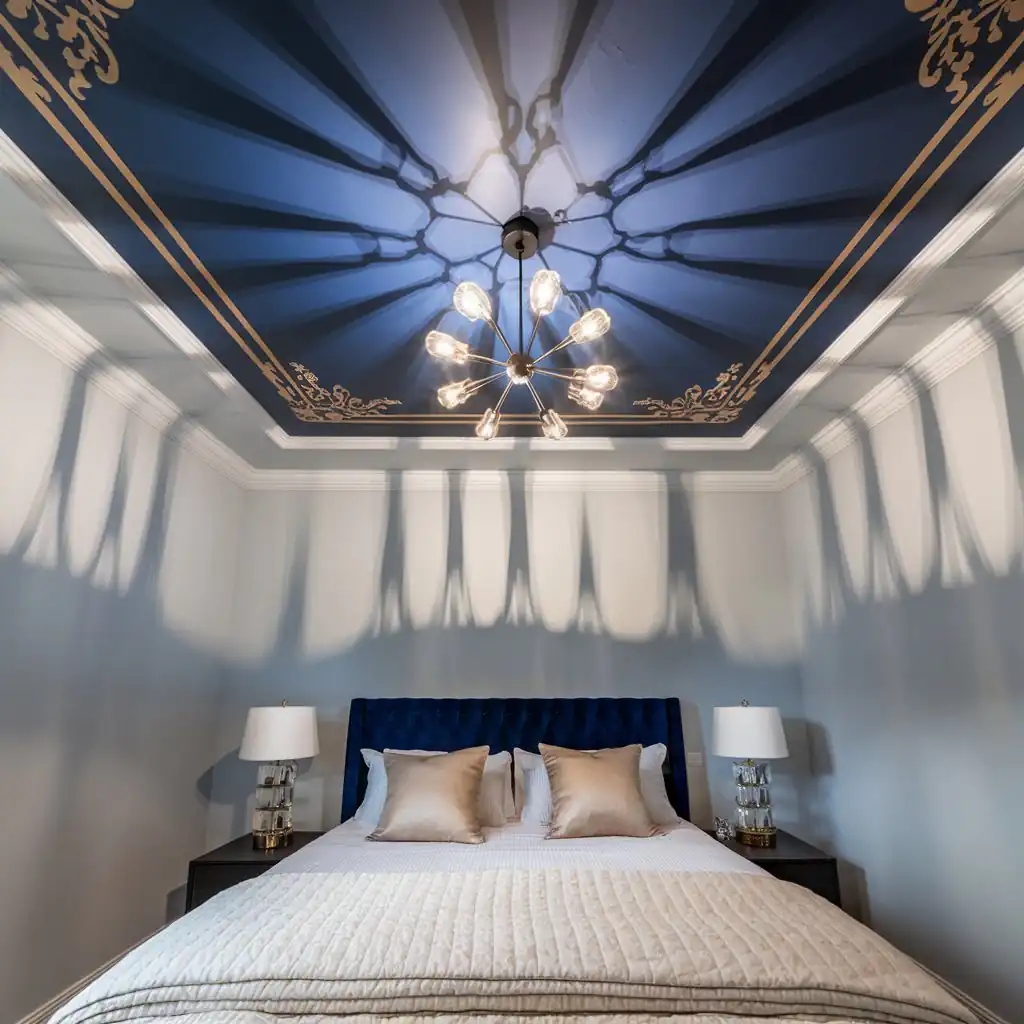 A bedroom refresh featuring a blue and gold decorated ceiling, modern chandelier, upholstered headboard, and two nightstands with lamps. Perfect for weekend projects or seeking new home bedroom ideas.