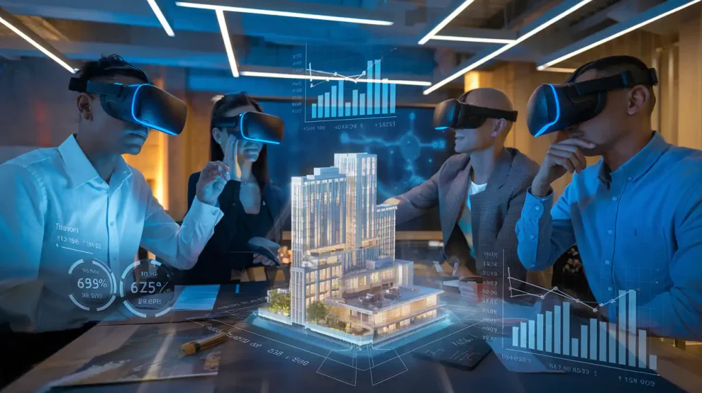 Four people in VR headsets view a virtual city model with graphs and charts, seated around a table in a modern office, discussing the importance of construction contingency.