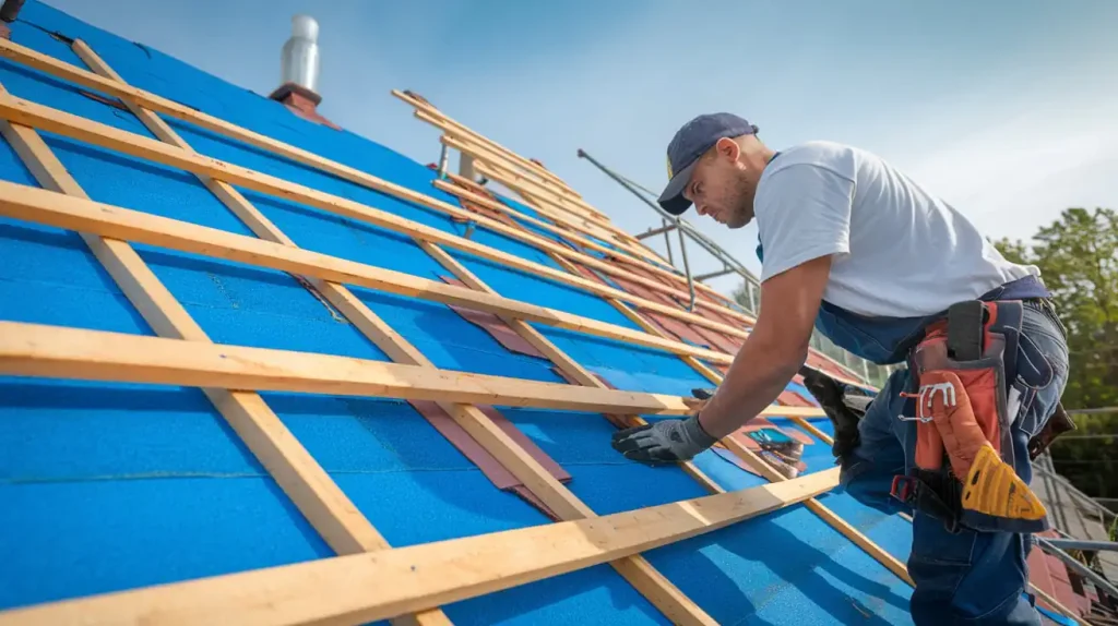 Roofer in a cap and gloves working on a sloped roof with wooden battens and blue insulation, focusing on disaster-proofing measures to enhance the home’s safety.