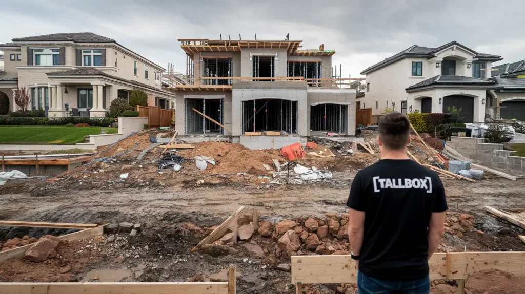 A man in a "Tallbox" shirt stands in front of a large new build home under construction, with two floors and surrounding debris.