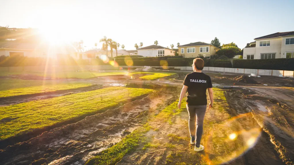 A person wearing a "TALLBOX" shirt walks on a construction site with houses in the background, the sun shining brightly. The scene illustrates the exciting journey of buying a new build home, where dreams of home buying come to life amidst fresh foundations and gleaming rooftops.