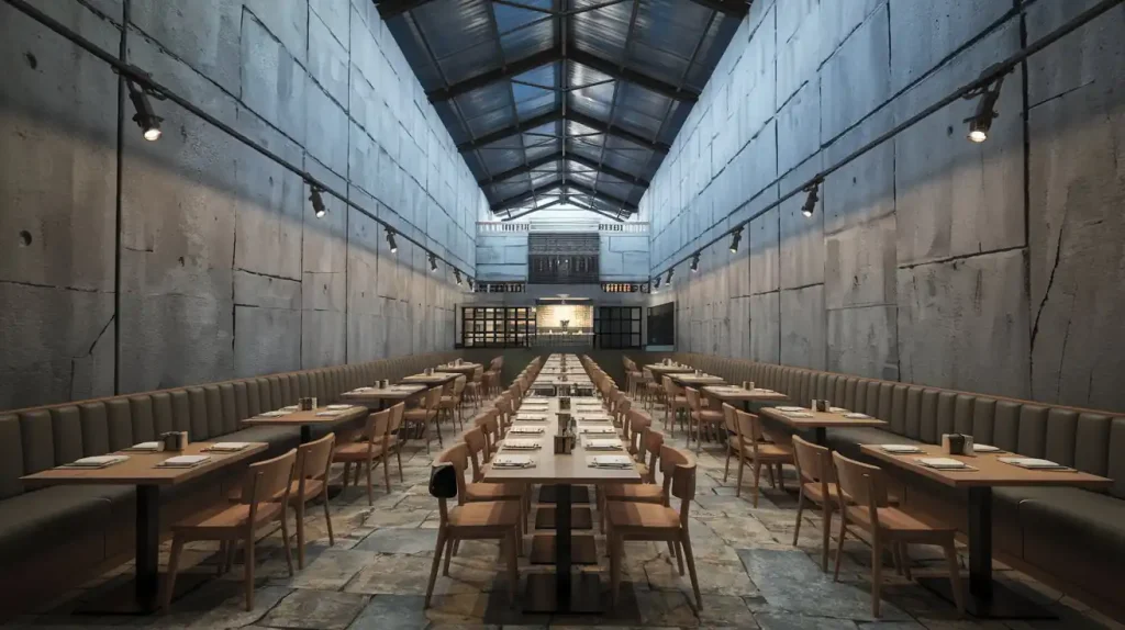 A modern, industrial-style restaurant with long wooden tables, beige seating, and a high glass ceiling, creating a cozy atmosphere perfect for diners.