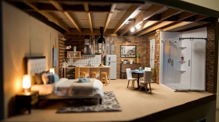 Miniature model of a modern loft apartment with a bedroom, kitchen, dining area, and shower under a wooden beam ceiling, showcasing an income-generating design ideal for tiny homes or converting an unfinished basement.