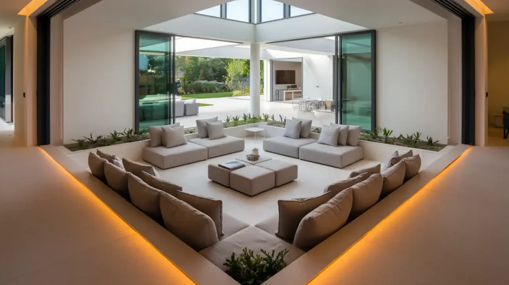 Sunken living area with beige sectional sofas, square ottomans, and floor-to-ceiling windows overlooking a garden—a striking result of DIY interior house renovations.