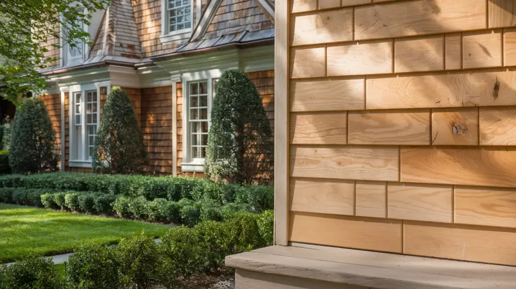 A new construction project featuring cedar shingle siding, manicured hedges, and topiary shrubs in front of the windows.
