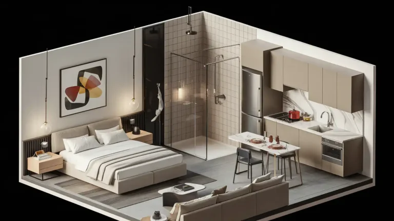 3D rendering of a modern studio apartment with a bed, kitchen, dining area, bathroom, and a sofa in a minimalist design.