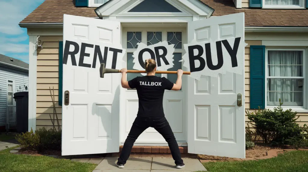 Person breaking through front doors labeled "Rent" and "Buy" with a sledgehammer, wearing a "Tallbox" shirt, symbolizing the bold break towards homeownership.