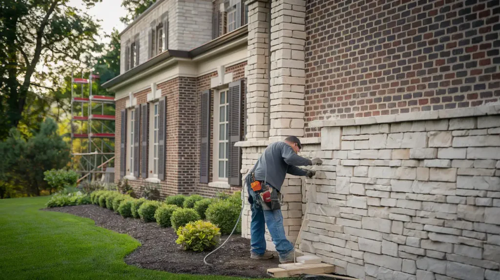 A worker in jeans and a jacket repairs a stone wall on the exterior of a brick house with neatly landscaped yard, contributing to the new construction project.