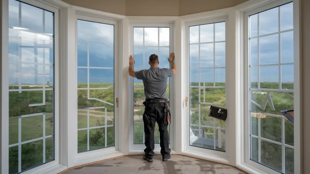 A man is installing large, white-framed windows in a room with a scenic outdoor view as part of a comprehensive home remodeling project. He's ensuring every detail is attended to, incorporating disaster-proofing features for added safety and peace of mind.