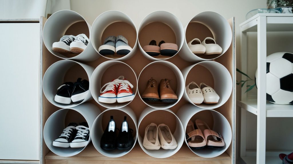Various pairs of shoes neatly organized in cylindrical shelves next to a soccer ball offer a perfect example of stylish home storage.