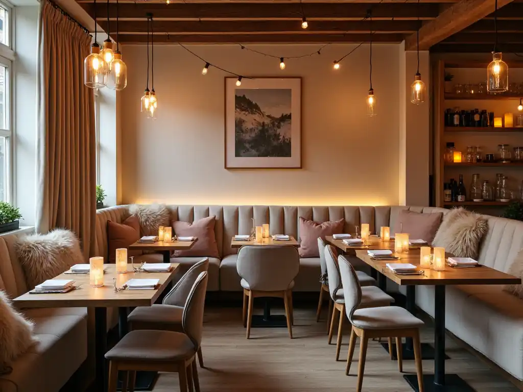 A cozy restaurant with cushioned booth seating, wooden tables, candle lighting, and hanging bulbs provides a warm ambiance that embodies thoughtful restaurant design.