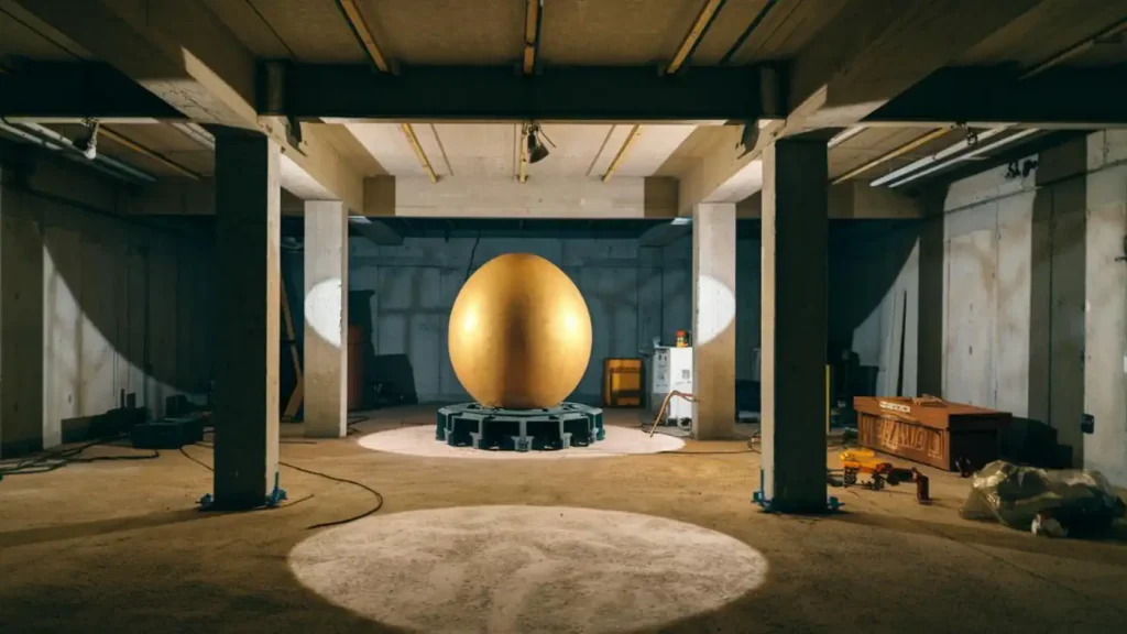 A large, golden egg-shaped object sits on a pedestal in the center of the dimly lit, unfinished basement, giving the industrial room an enigmatic ambiance.