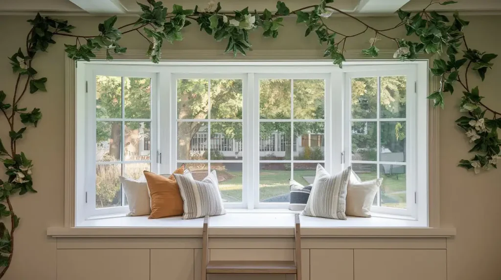 Sunny window seating area in our new house, featuring four select pillows, framed by greenery and offering a view of trees and a lawn outside.