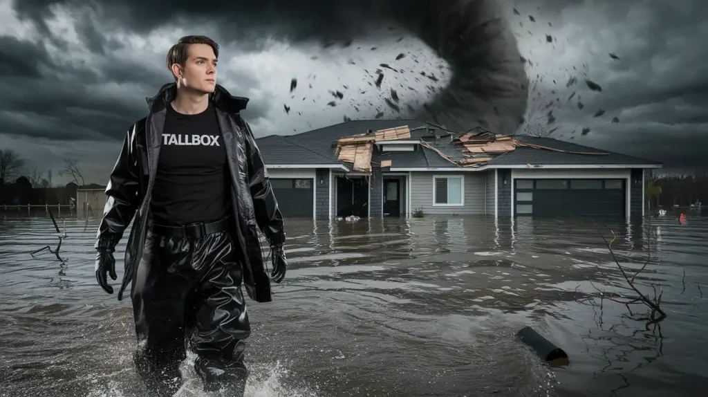 A person in black rain gear stands in floodwaters in front of a damaged house, showcasing the importance of disaster-proofing homes with tornadoes threatening in the background.