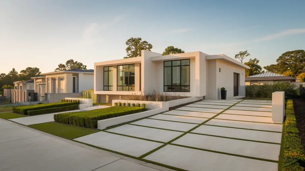 Modern, two-story new build home with large windows, manicured hedges, and a spacious driveway under a clear sky.