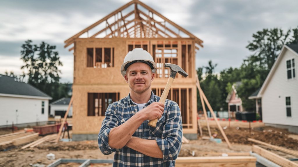 Man in plaid shirt and white hard hat holding a hammer, standing in front of a partially constructed house, ready to organize renovation waste.