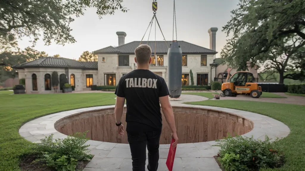 A person wearing a "TALLBOX" shirt walks toward an open pit outside a large house, where a heavy object essential for disaster-proofing your home is being lowered into it.