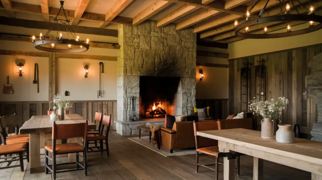 A cozy atmosphere envelops the rustic living room, complete with a stone fireplace, wooden beams, leather chairs, and wooden dining tables adorned with flowers. It feels like the perfect restaurant design for intimate gatherings.