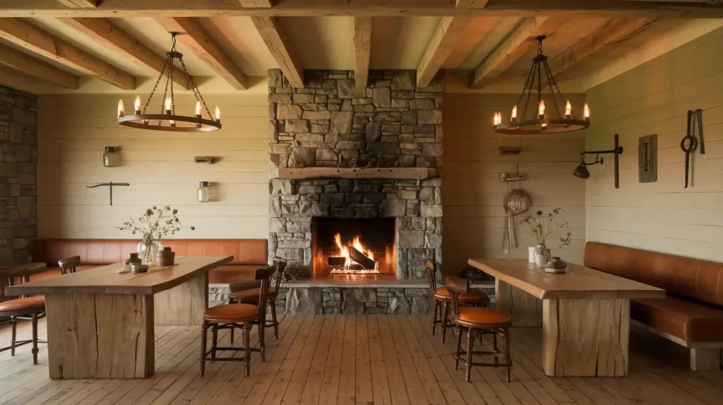 Cozy restaurant room with a rustic design featuring a stone fireplace, wooden tables, brown leather seating, and two chandelier-style light fixtures.