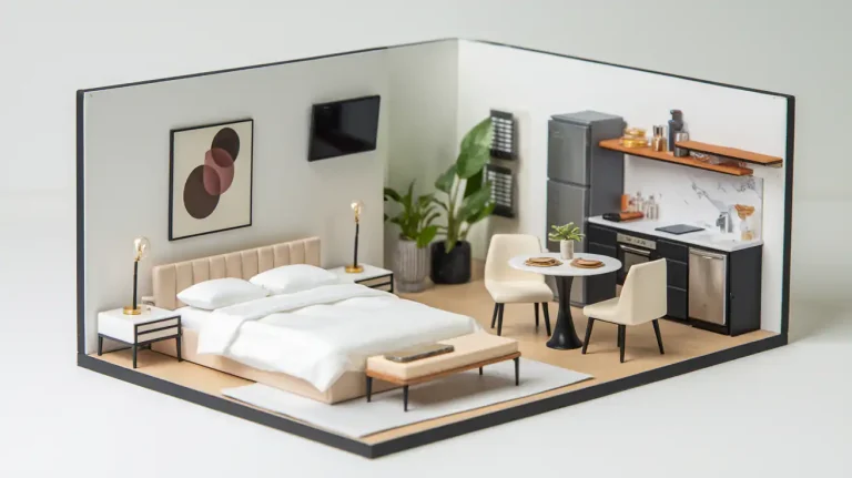 Miniature model of a modern studio apartment with a bed, kitchen area, dining table, plants, and wall decor, perfect for inspiring basement income ideas.