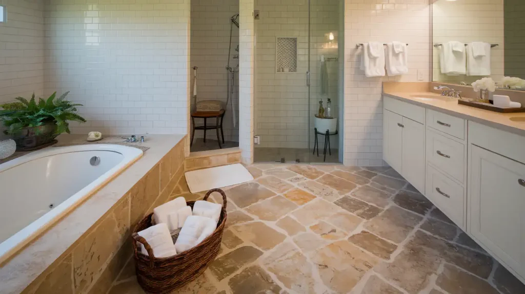 Spacious bathroom with a tub, walk-in shower, double sink vanity, and a basket of towels on elegant stone tile flooring.