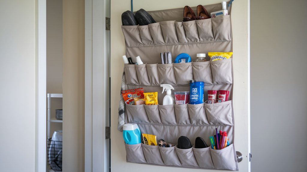 Over-the-door organizer with various items including shoes, cleaning supplies, toiletries, and snacks neatly stored. This stylish home storage solution keeps everything in its place while enhancing the look of your room.