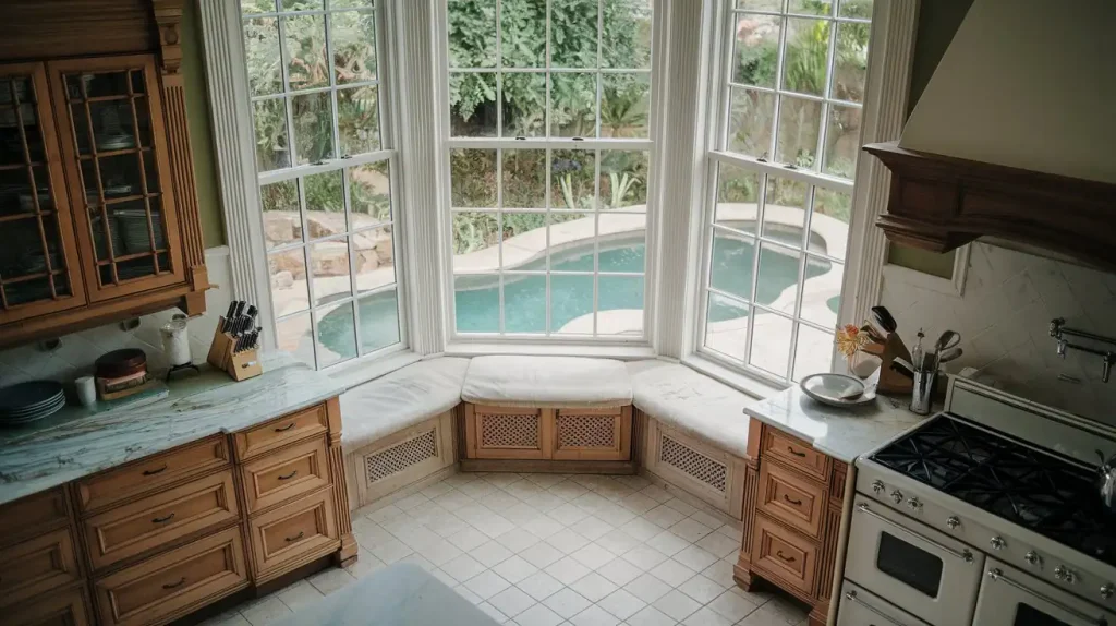 A kitchen in a new house with wooden cabinets, marble countertops, and a view of the pool through large bay windows with a cushioned seat.