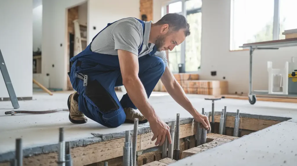 Man kneeling on the floor in a home under renovation, meticulously inspecting metal rods protruding from wooden beams, ensuring the remodeling process contributes to disaster-proofing.