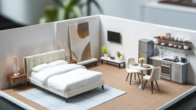 Miniature model of a modern studio apartment with a design featuring a bed, small kitchen, dining table, and wall art.