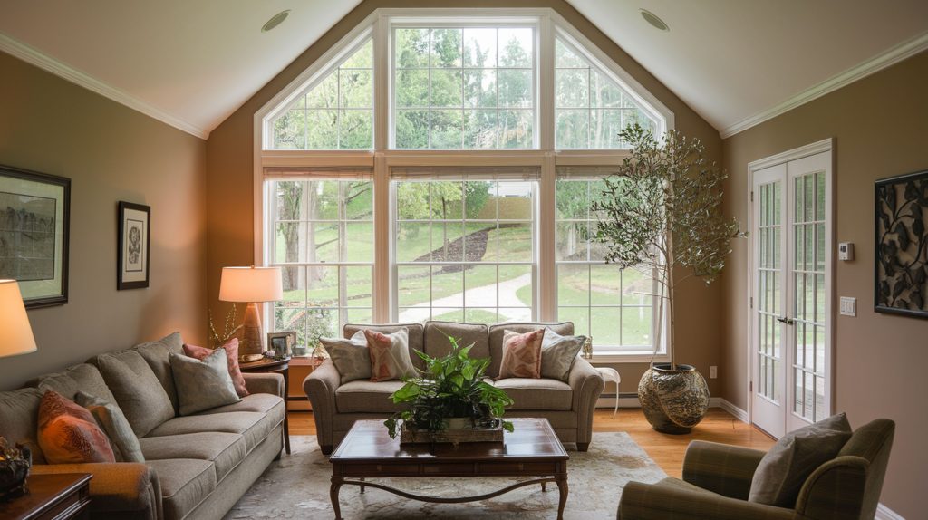 A cozy living room with large windows, two sofas, a coffee table, plants, and muted brown walls; following a recent renovation. A garden is visible outside.