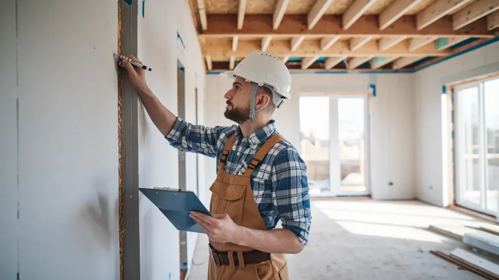A construction worker in a hard hat and overalls writing on the wall with a clipboard in hand inside a partially built new construction home.