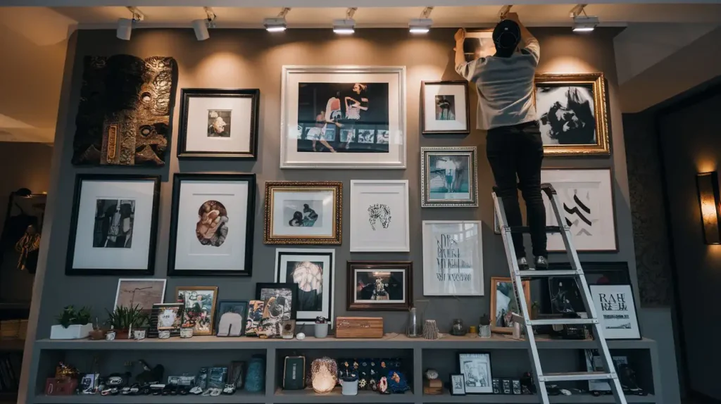 Person on a ladder arranging framed art on a wall, adding the final touches to their house decoration, with various pictures and collectibles displayed on a shelf below.