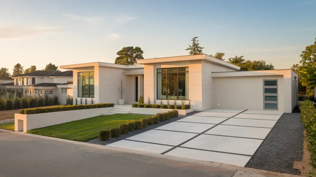 Modern white house with large windows, flat roof, manicured lawn, and a spacious driveway at sunset—an ideal choice for those considering buying a new build home.