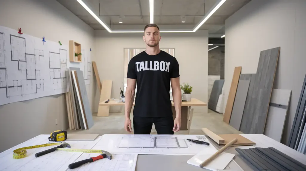 A man stands in an architect's office with blueprints and tools on the table, planning a home remodeling project. His shirt reads "TALLBOX," reflecting his expertise in disaster-proofing.