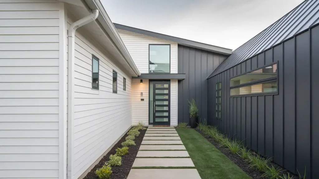 Modern house entrance with white siding on the left and dark paneling on the right, separated by a stone pathway—an impressive new construction project.