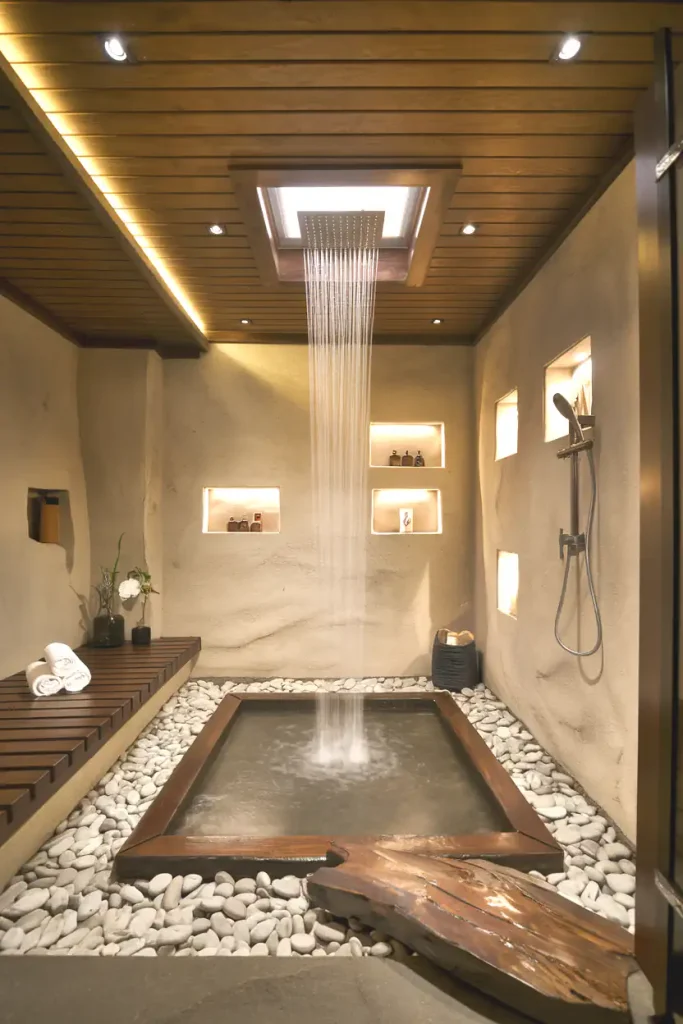 A modern bathroom with a ceiling-mounted rainfall shower over a stone-lined tub, wooden accents, and built-in shelves highlights the pros and cons of various bathroom flooring materials.