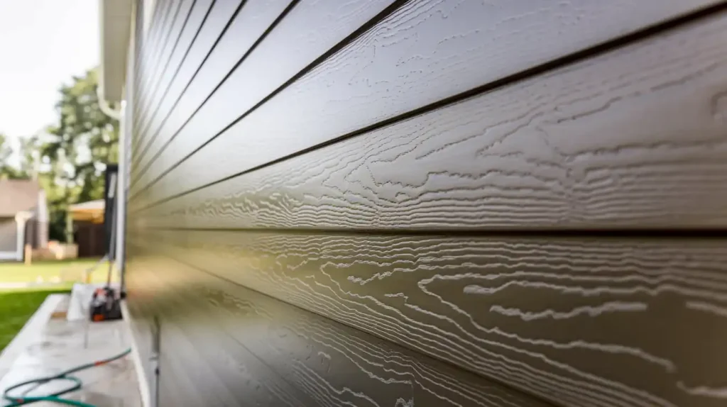 Close-up of textured beige siding on a house, part of a new construction project, with a blurred background of a yard and nearby home.